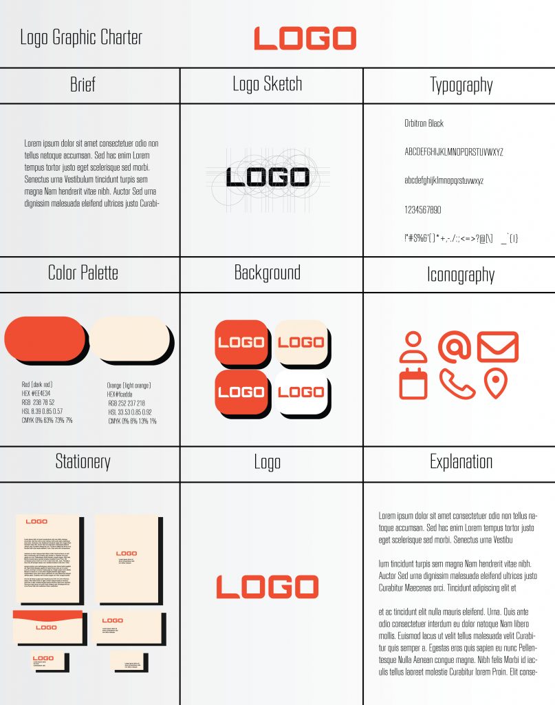 Exemple d'une charte graphique avec la typographie, le logo, l'arrière plan, la palette de couleur etc... 